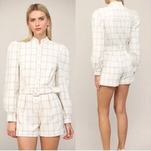 Fate Lurex Grid Tweed Romper Size Small NWT Cream Puff Sleeve Belted Windowpane